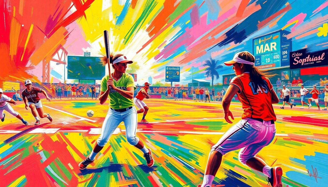 An abstract, expressionist painting in neon colors depicting the dynamic motion and energy of a college softball game, conveying the competitive spirit of the sport.