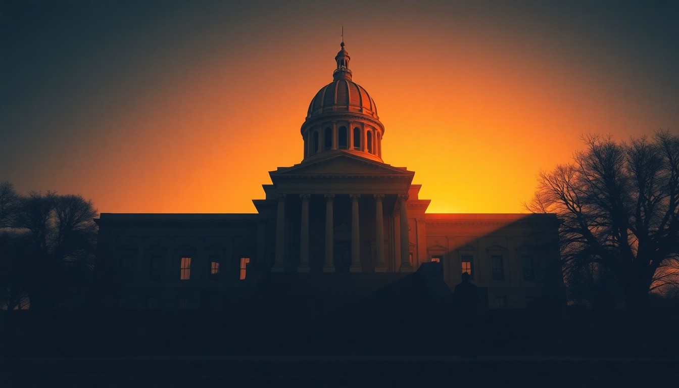 A serene, cinematic painting of the Iowa state capitol building bathed in warm, golden light, with a lone figure standing on the steps, conveying a sense of contemplation and transition.