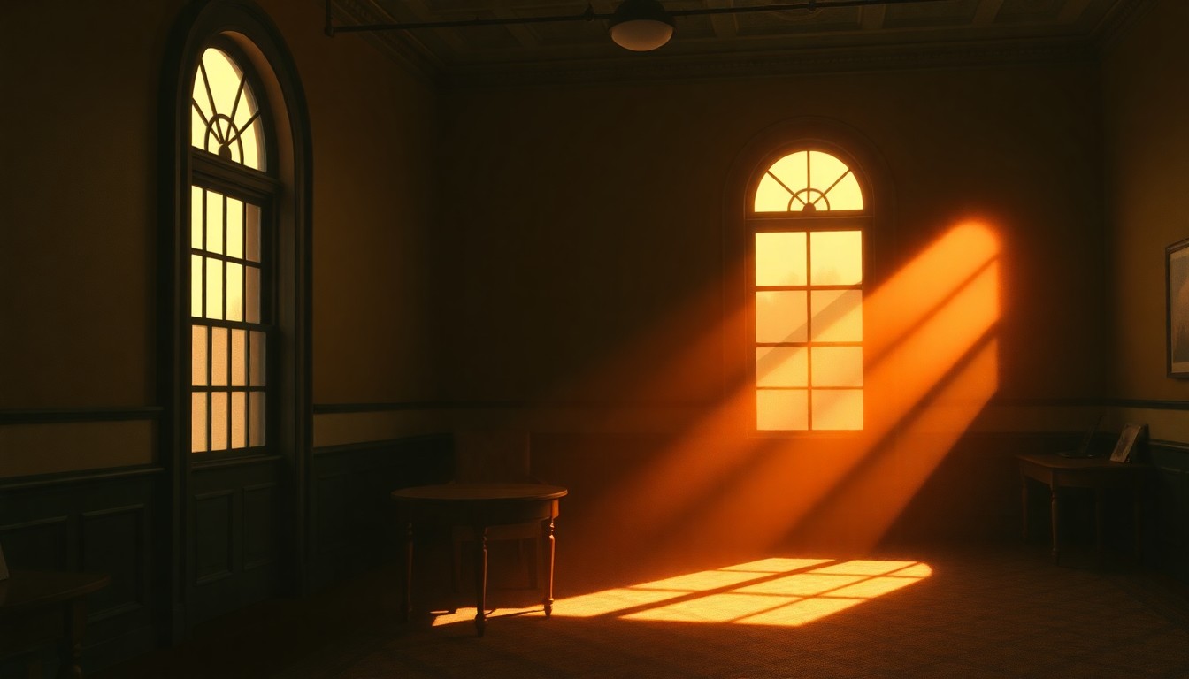 A dimly lit, cinematic interior space with muted colors and dramatic shadows, conveying a sense of political power and influence.