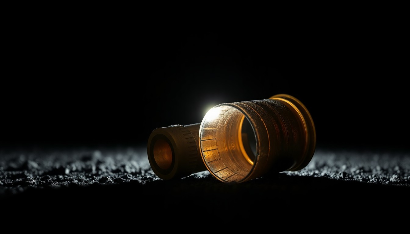 An extreme close-up photograph of a spent shell casing on the ground, the metallic texture and dramatic shadows creating a stark, gritty, investigative aesthetic.