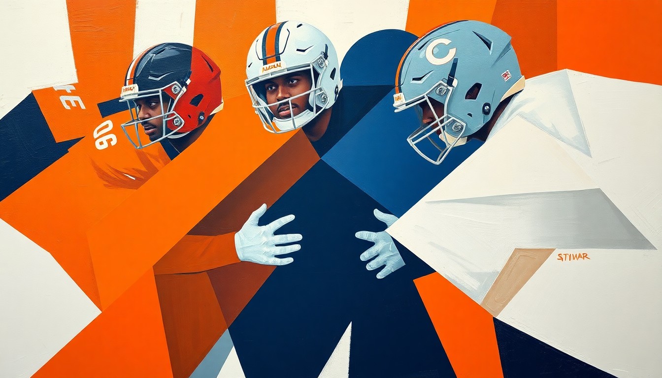 A fragmented, geometric painting depicting the intense physicality of football's offensive line, with sharp planes of color representing the clash of bodies and the strategic positioning of players.