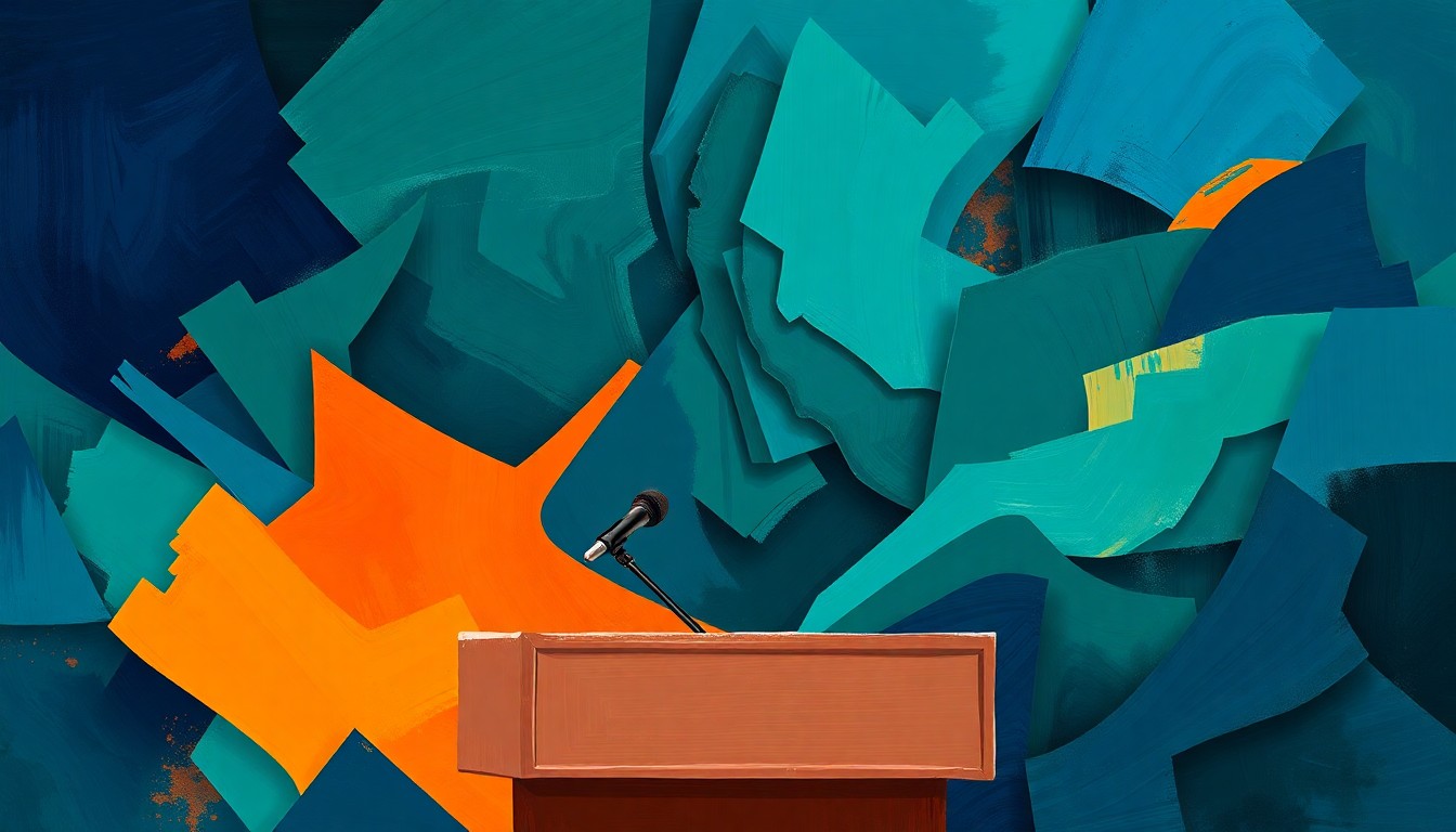 A vibrant, abstract painting featuring overlapping, fractured geometric shapes in deep blue, forest green, and burnt orange, conceptually representing the energy and dynamics of a political debate.
