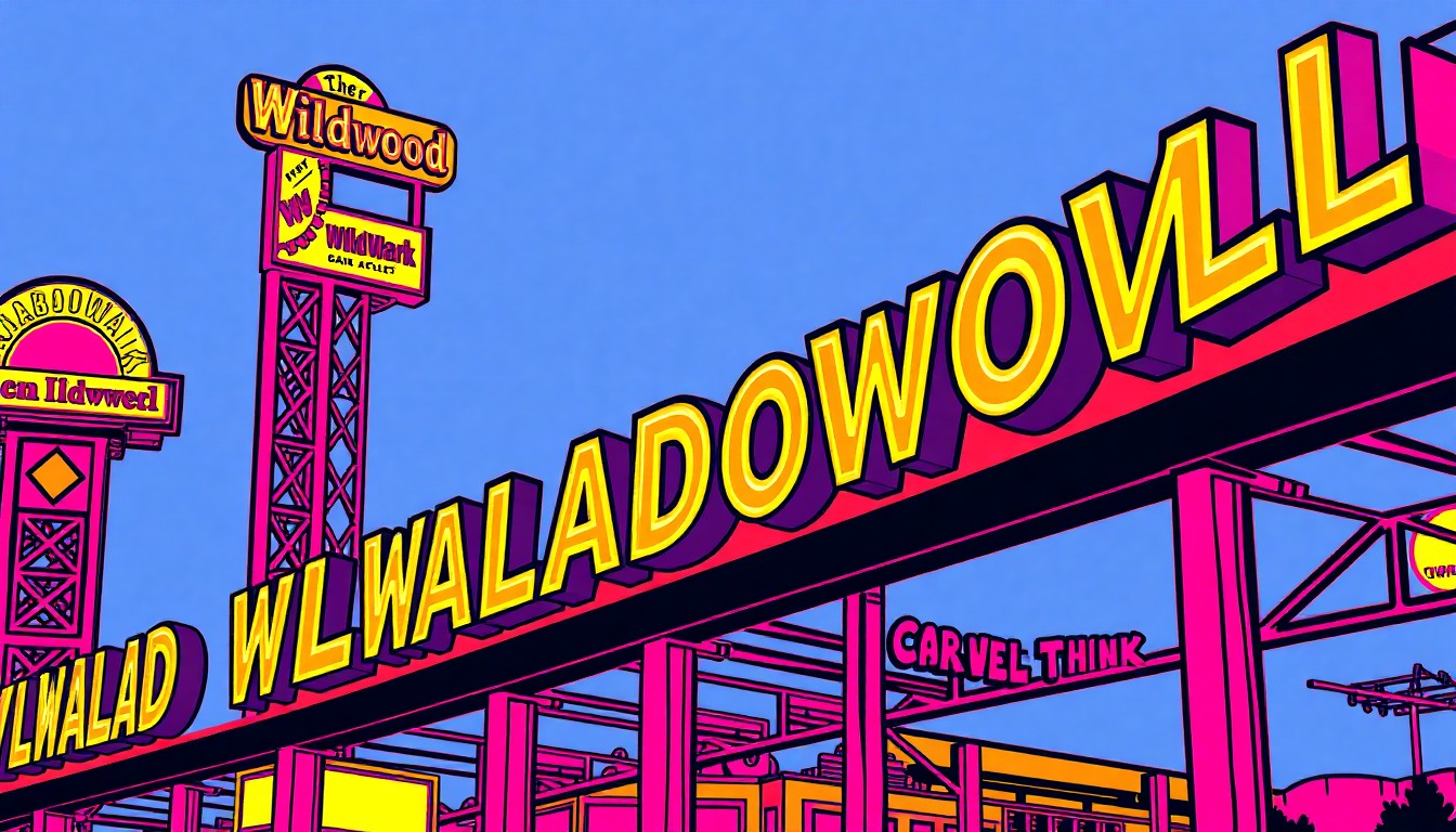A brightly colored, high-contrast silkscreen print of the Wildwood Boardwalk sign repeated in a tight grid pattern, utilizing flat, vibrant neon colors and heavy black outlines to transform this everyday coastal landmark into a modern pop art piece.