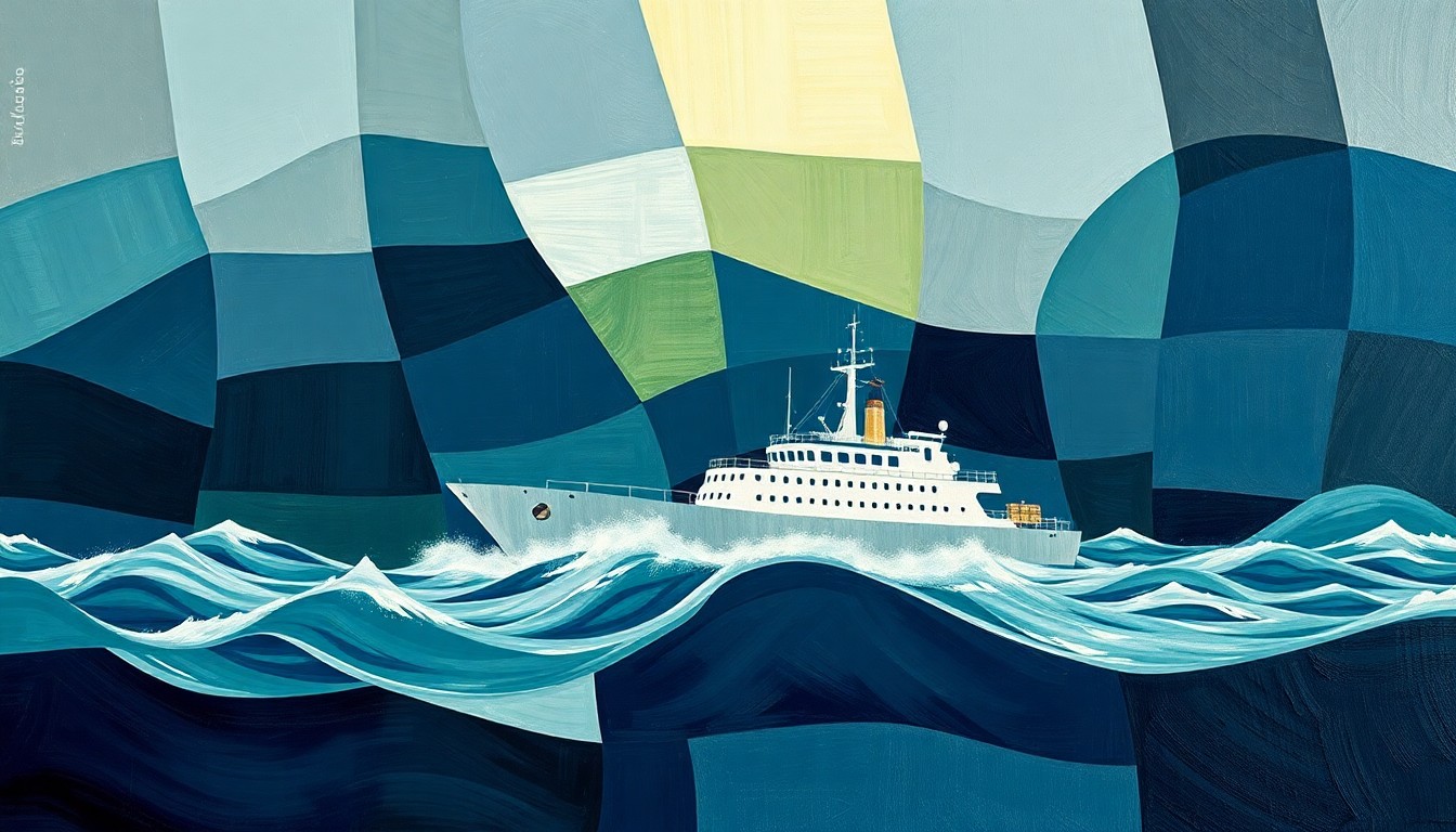 A dynamic, abstract painting depicting a ship navigating the turbulent waters of the Strait of Hormuz, with overlapping geometric shapes and waves of deep blues, greens, and grays conveying the geopolitical tensions in the region.
