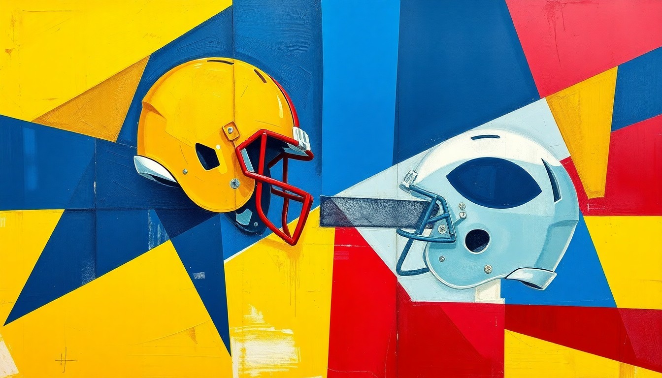 A cubist, geometric painting in navy, yellow, and red hues, depicting a fragmented, multi-perspective scene that conceptually represents the complex issues surrounding an alleged assault case involving a former college football coach.