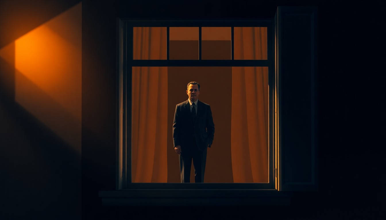 A serene, cinematic painting depicting a lone figure standing in the window of a dimly lit apartment, the warm glow of the setting sun casting long shadows across the room, conveying a sense of solitude and contemplation.