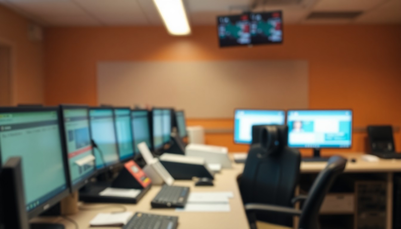 An abstract, impressionistic photograph of a 911 operator's desk, with blurred computer screens, headset, and office supplies visible in warm, muted colors, conveying the calm yet intense atmosphere of an emergency call center.
