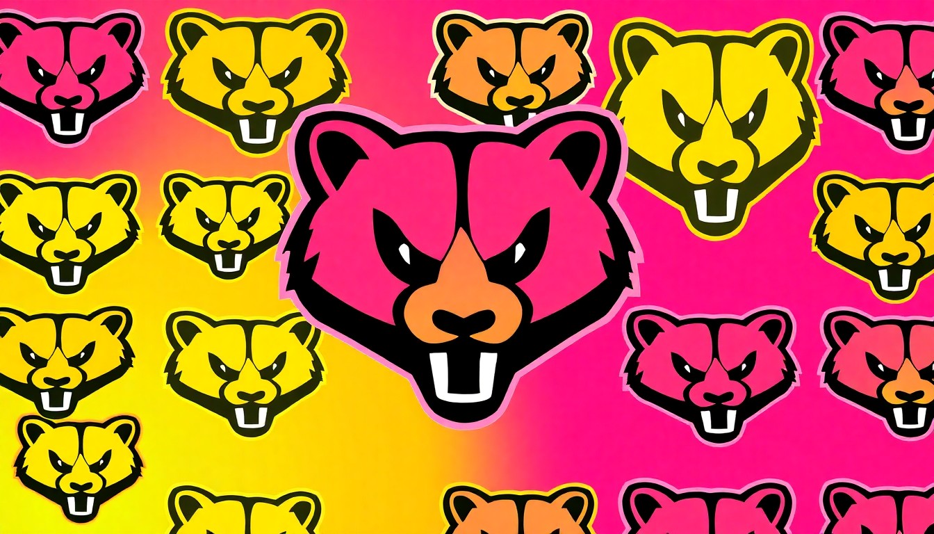 A bold, colorful silkscreen-style illustration featuring the UW-Madison Badgers logo repeated in a grid pattern, using a high-contrast, neon color palette to create a modern pop art effect.