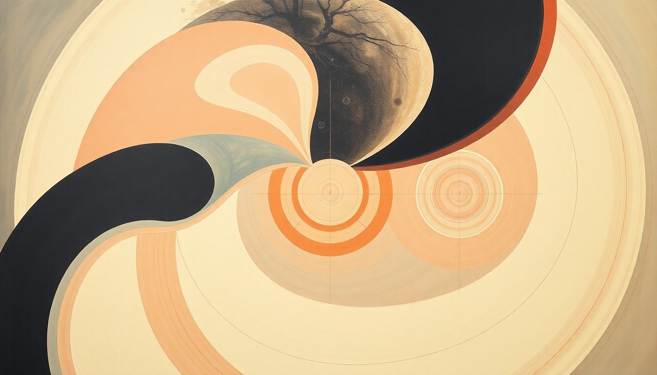 A highly structured abstract painting in soft blues, greens, and grays, depicting sweeping geometric arcs and precise anatomical spirals, conceptually representing the complex forces of radiation and their impact on the human body in the vacuum of space.