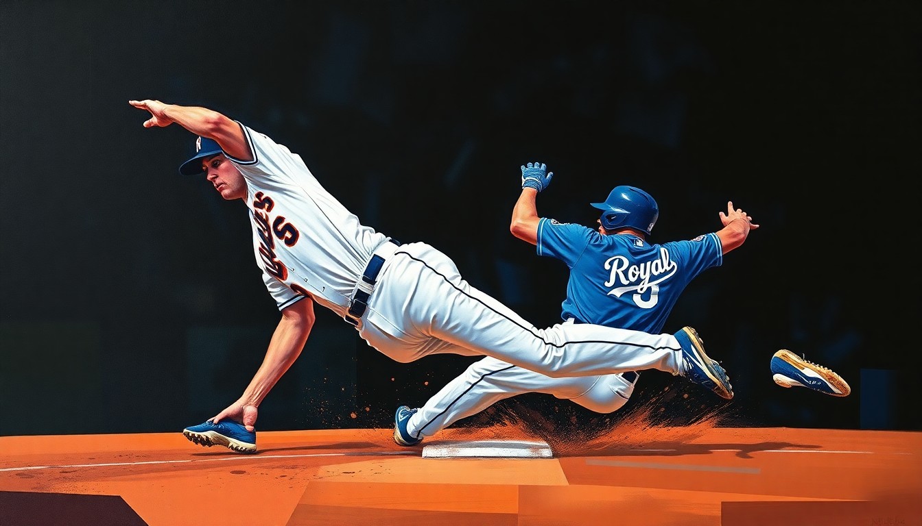 A cubist, geometric painting depicting Javier Baez's slide at home plate, with sharp, overlapping planes of color representing the motion and energy of the play.