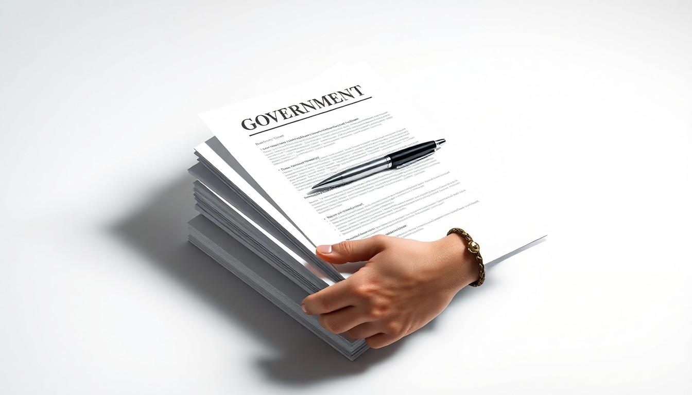 A photorealistic studio still life featuring a stack of government contract documents, a pen, and a handshake gesture, arranged elegantly on a clean, monochromatic background to symbolize the professional opportunities and economic impact of government partnerships with local businesses.