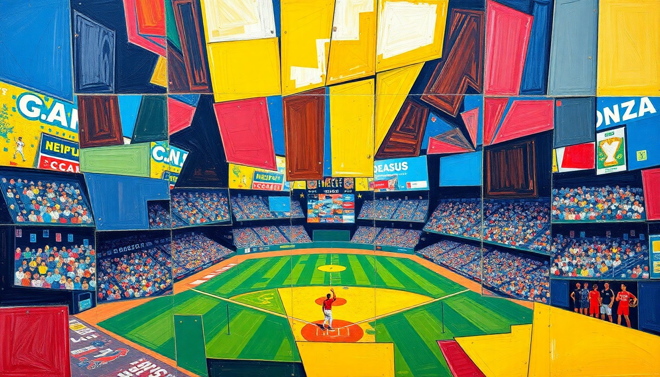 A cubist, geometric painting depicting a fragmented baseball game, with sharp, overlapping planes of vibrant blue, red, and yellow hues, conveying the internal turmoil within the MLBPA.