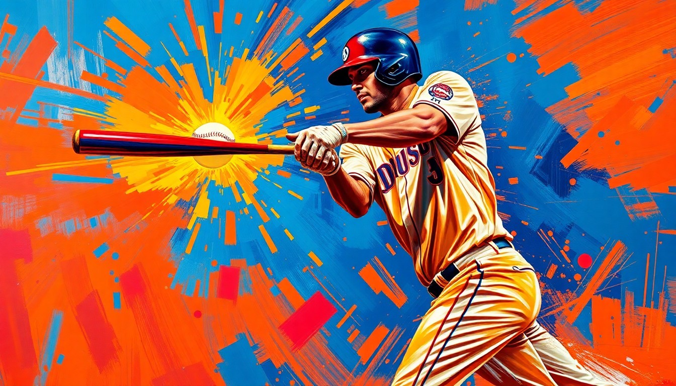 An abstract, expressionist painting in vibrant neon colors depicts the powerful swing and impact of a baseball leaving the bat, the ball blurring into an unrecognizable splatter against a backdrop of bright orange and electric blue, capturing the raw energy and drama of a game-winning home run.