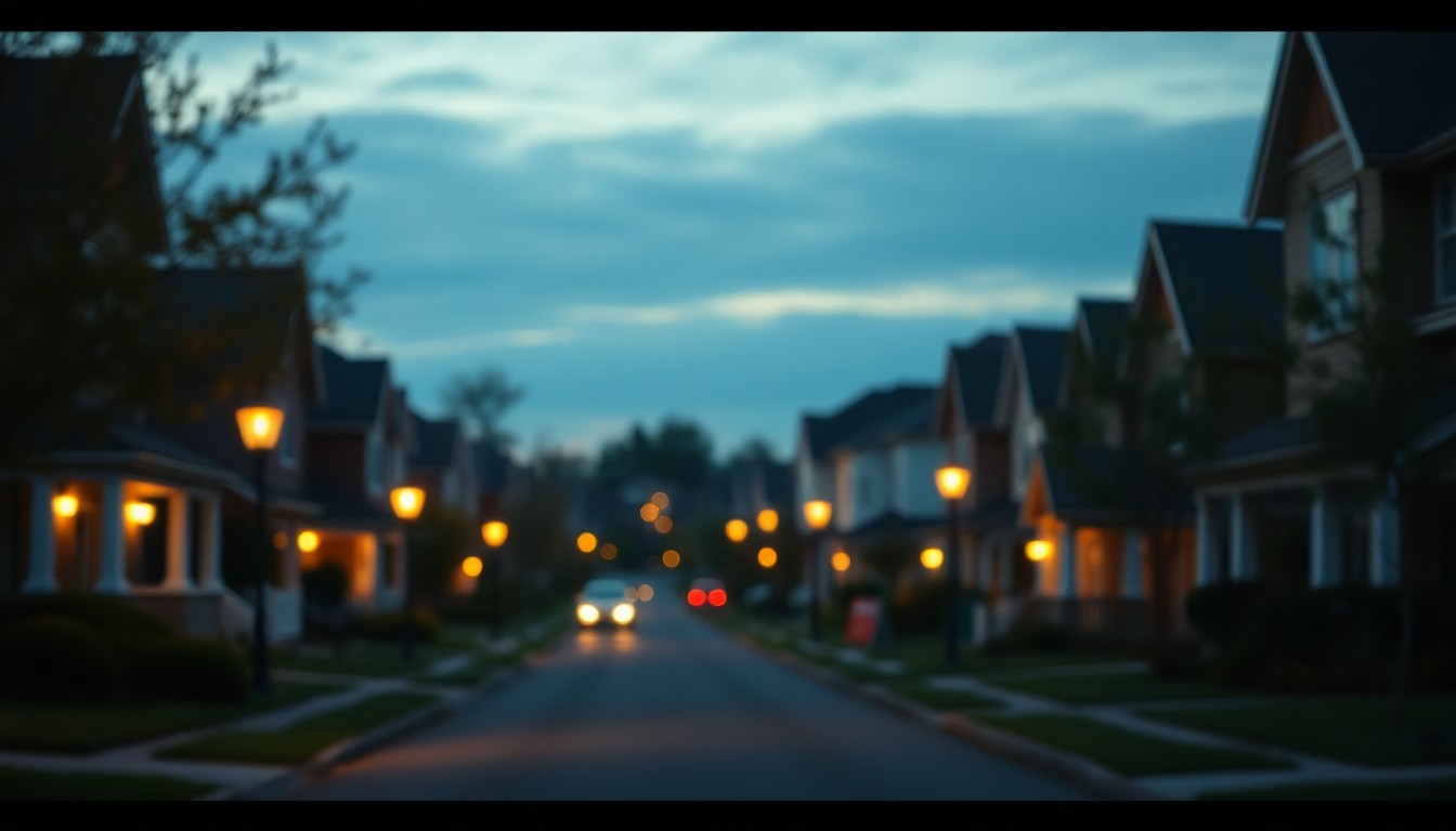 An abstract, impressionistic photograph of a residential street at night, with blurred streetlights and houses creating a warm, inviting glow, conveying the sense of a welcoming community.