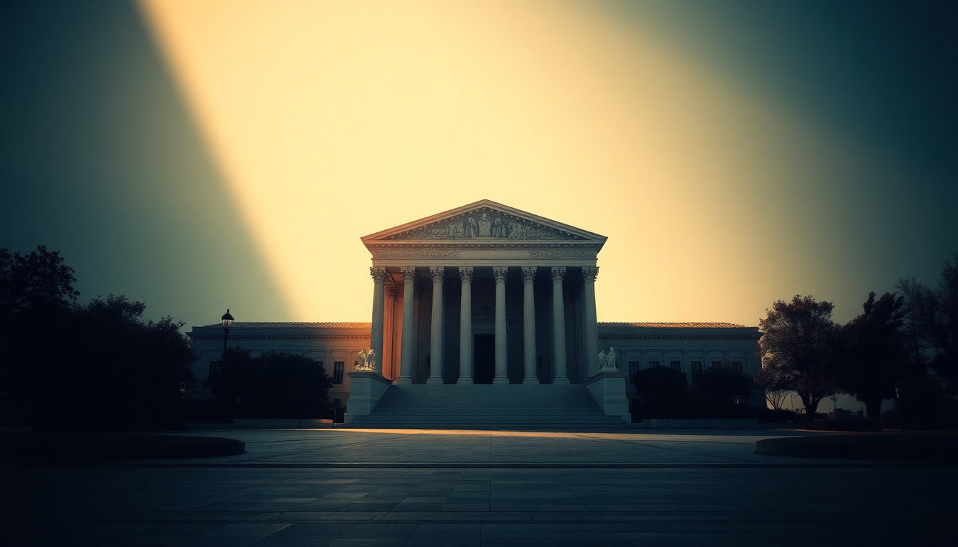 A photorealistic painting of the Supreme Court building in Washington, D.C., bathed in warm, golden light and deep shadows, conveying a sense of quiet contemplation and institutional gravity.