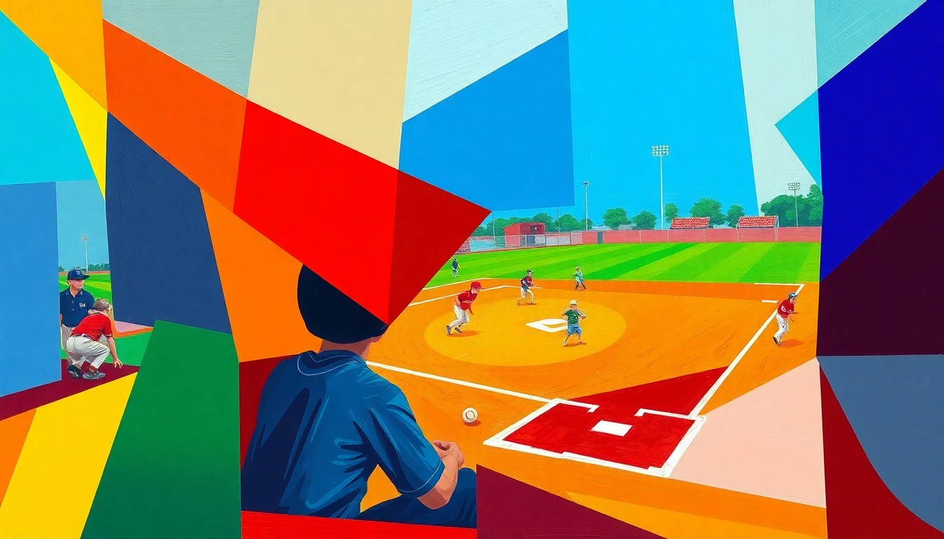 A fragmented, geometric painting depicting the action and intensity of a high school softball game, with players and the field broken down into sharp, overlapping planes of bold colors.
