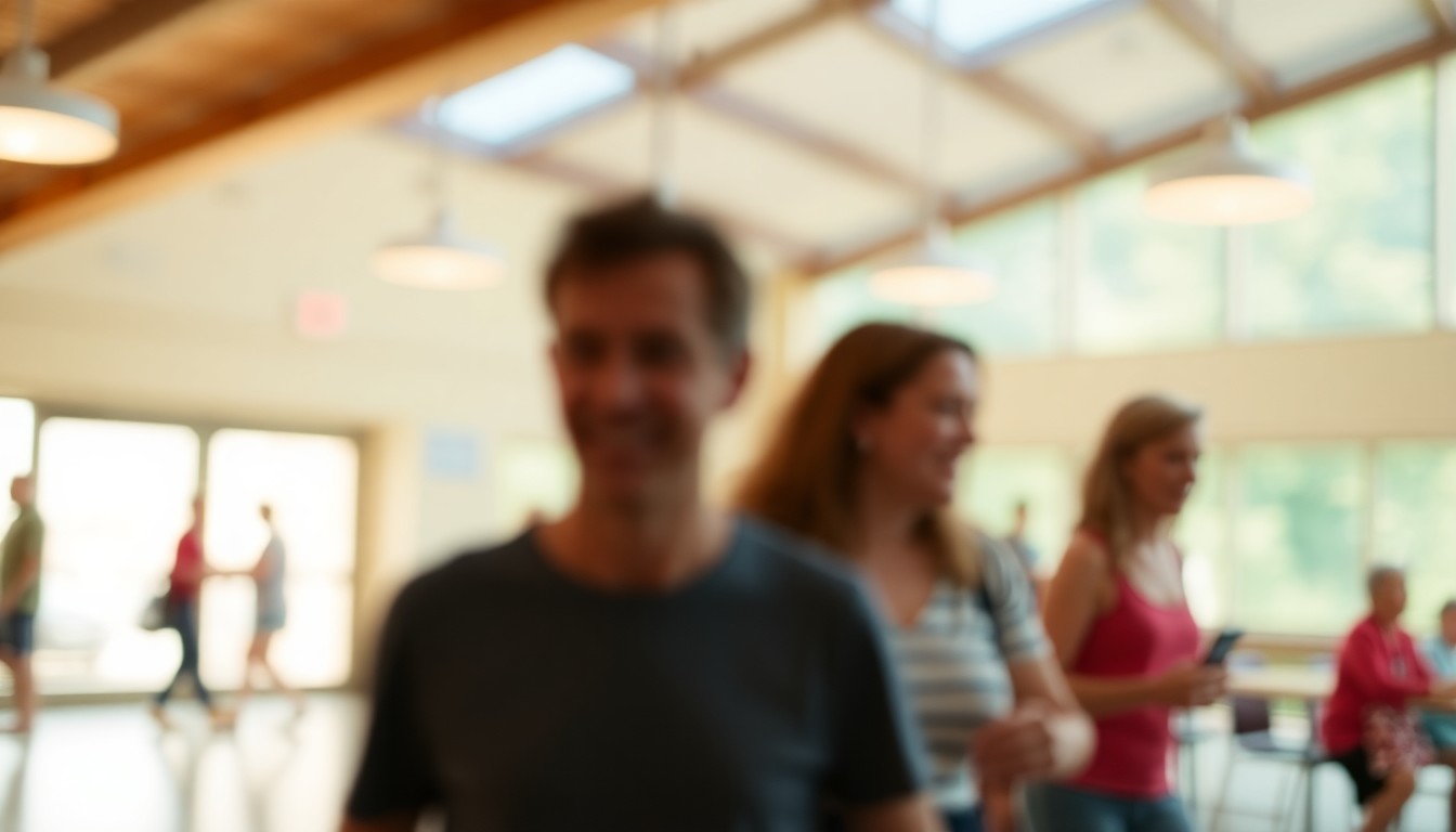 An abstract, impressionistic scene of people engaged in various recreational activities at a community center, with the details obscured in a hazy, dreamlike wash of warm colors and soft, blurred light.
