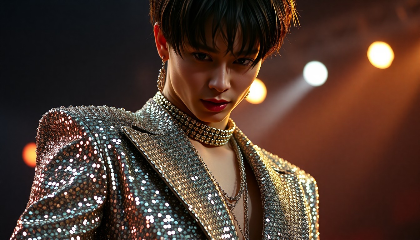 An abstract close-up photograph of a shimmering, sequined fabric in high-contrast studio lighting, capturing the glamour and energy of a K-pop performance.