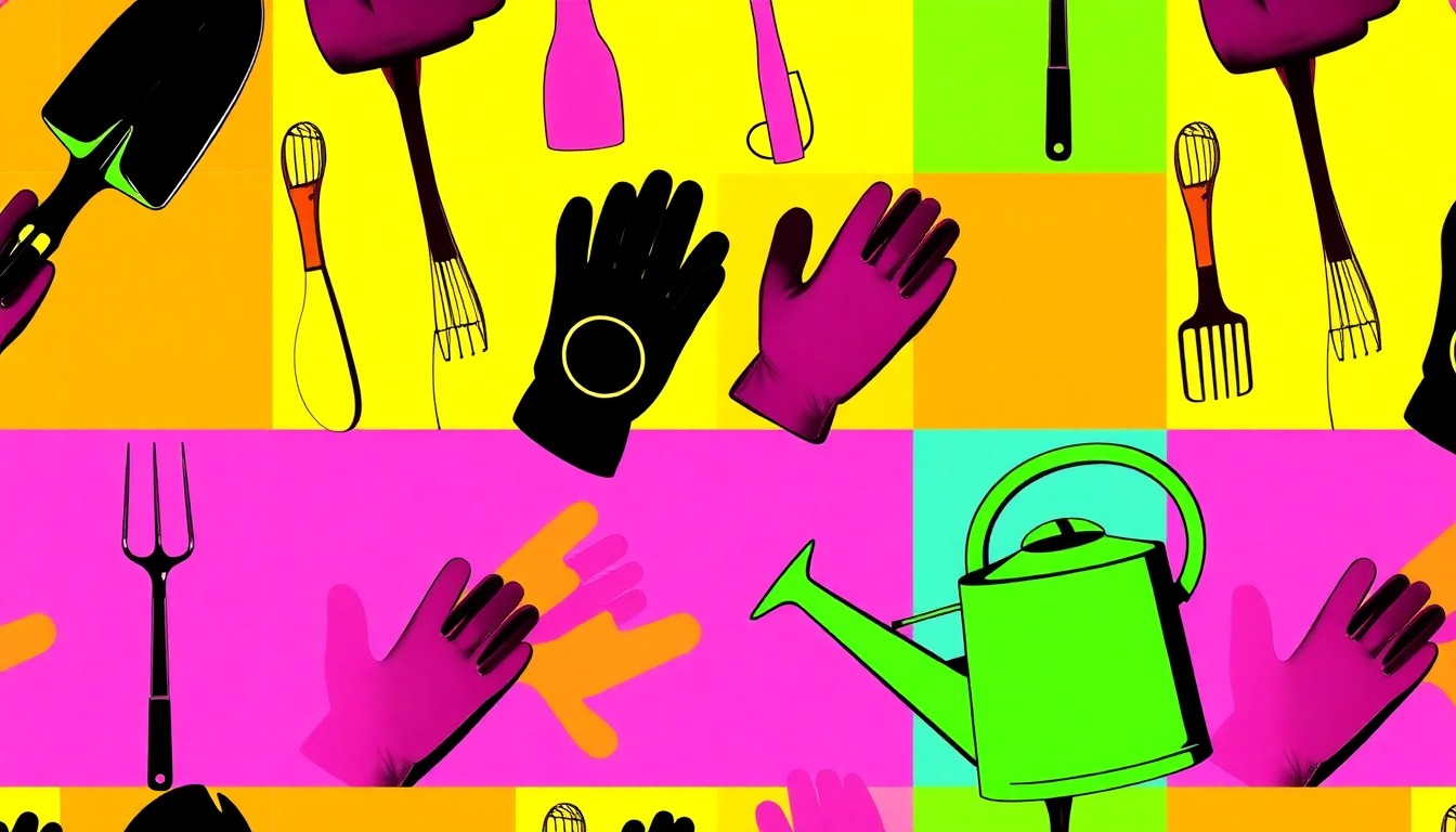 A colorful, abstract grid of gardening tools like trowels, gloves, and watering cans, conceptually representing the community-driven efforts to maintain Hoboken's parks and green spaces.