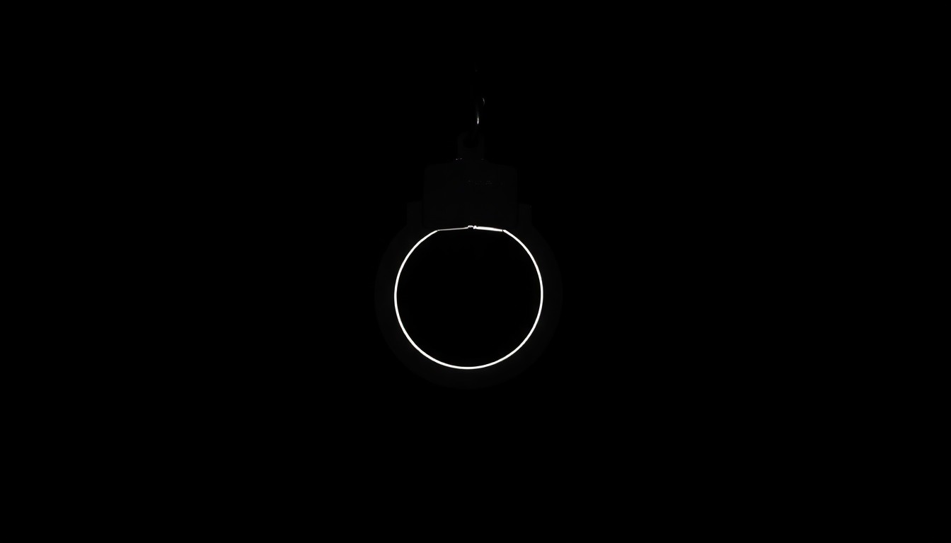 An extreme close-up photograph of a single handcuff, lit by a harsh, direct camera flash against a pitch-black background, conceptually illustrating the serious nature of the alleged crimes.