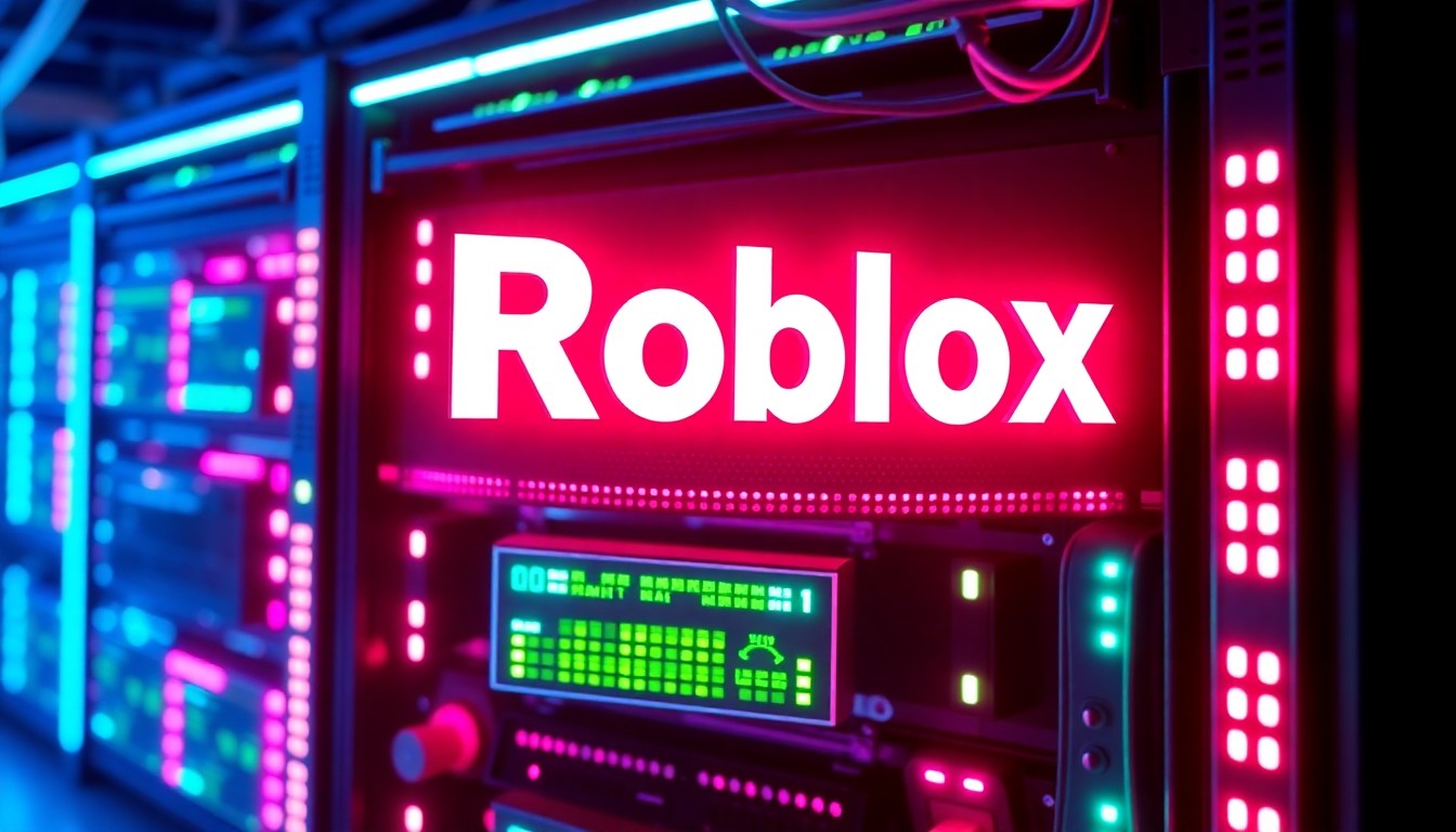 A highly detailed, glowing 3D illustration of a Roblox game server rack, with neon cyan and magenta lights illuminating the complex digital infrastructure that powers the popular online gaming platform. The image conceptually represents the enhanced digital safeguards Roblox is implementing to create a more secure online environment for young gamers.