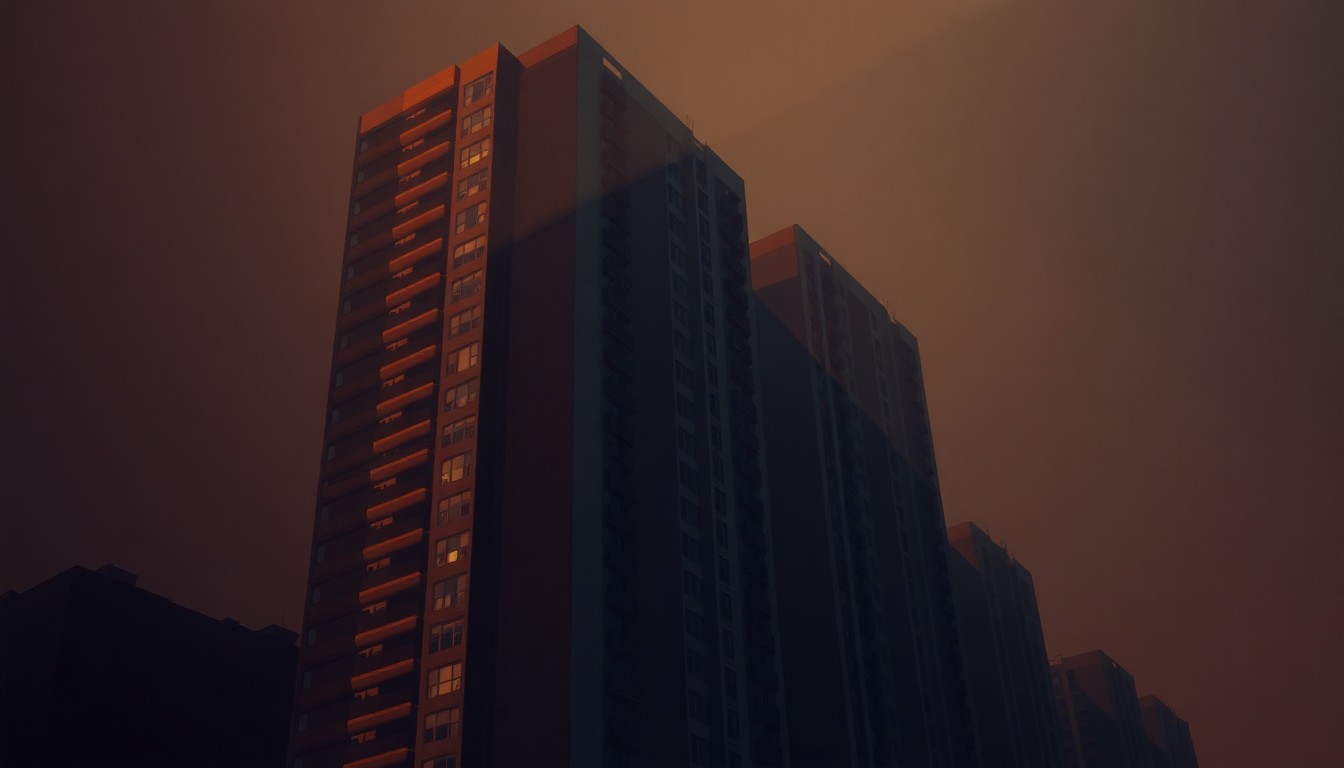 A photorealistic painting of a tall, sleek luxury apartment building in New York City, with the facade bathed in warm, golden sunlight streaming in from the side, creating deep shadows that give the scene a contemplative, cinematic mood.