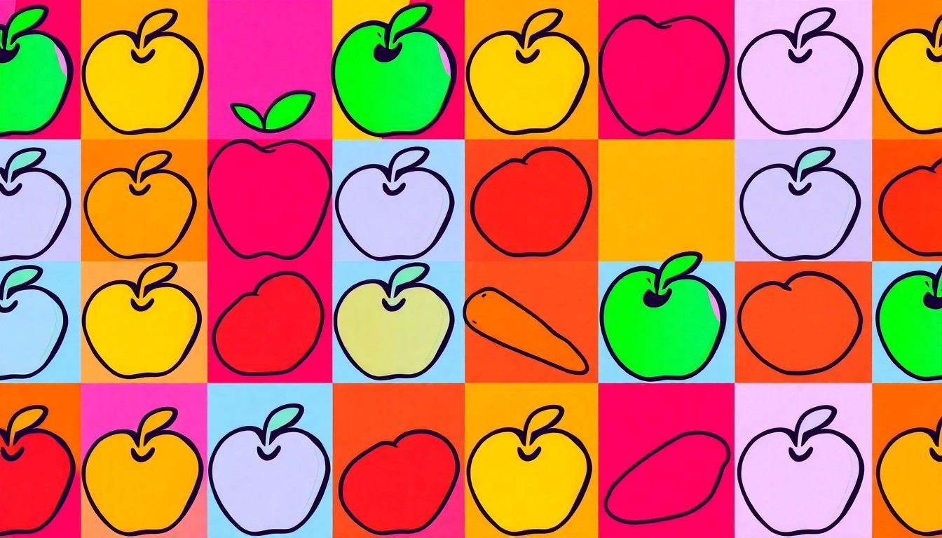 A brightly colored, high-contrast silkscreen print of a single, iconic school lunch item such as an apple, carrot, or piece of grilled chicken, repeated in a tight grid pattern, conceptually representing the joy and pride of a student's healthy recipe achievement.