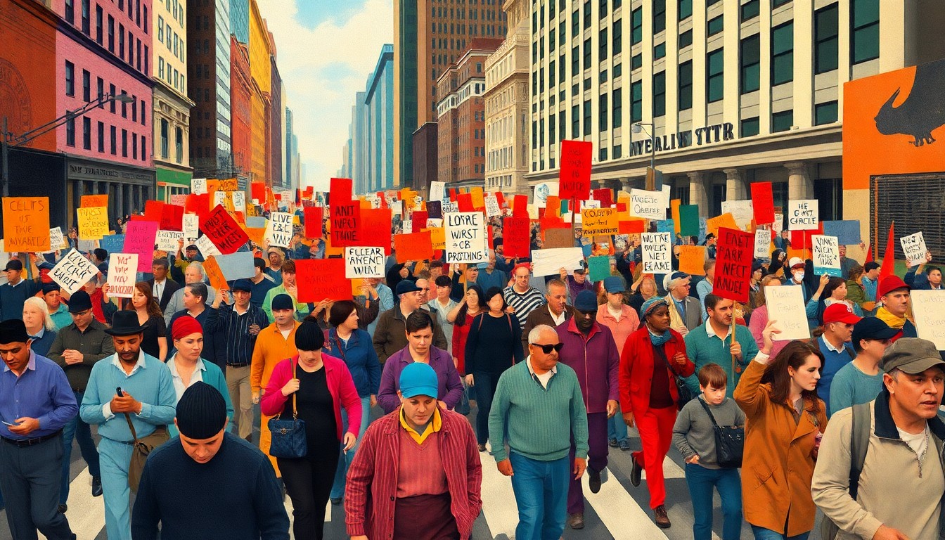 A vibrant, abstract painting depicting a crowd of protesters marching down a city street, their figures and signs repeated in overlapping, fractured geometric shapes and brushstrokes in a dynamic, energetic composition.