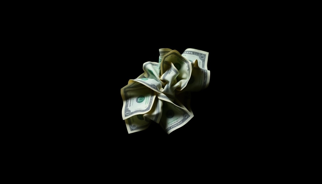 An extreme close-up photograph of a crumpled wad of cash bills against a pitch-black background, lit by a harsh, direct camera flash, conceptually illustrating the misuse of charitable funds.