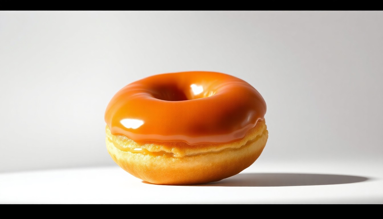 A close-up photograph of a single, freshly glazed Krispy Kreme doughnut placed on a clean, white background and dramatically lit from the side, creating deep shadows and highlighting the glossy, golden-brown glaze.