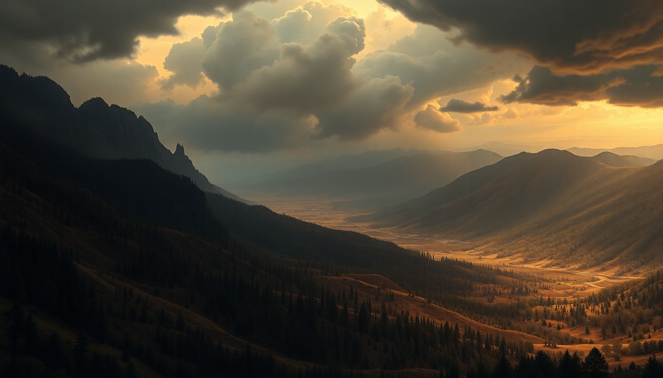 A sweeping, atmospheric landscape painting in muted earth tones, with charred trees and debris-filled streams dwarfed by the vast, dramatic sky above, conveying the overwhelming scale of the natural disaster and the challenges of restoring the forest.