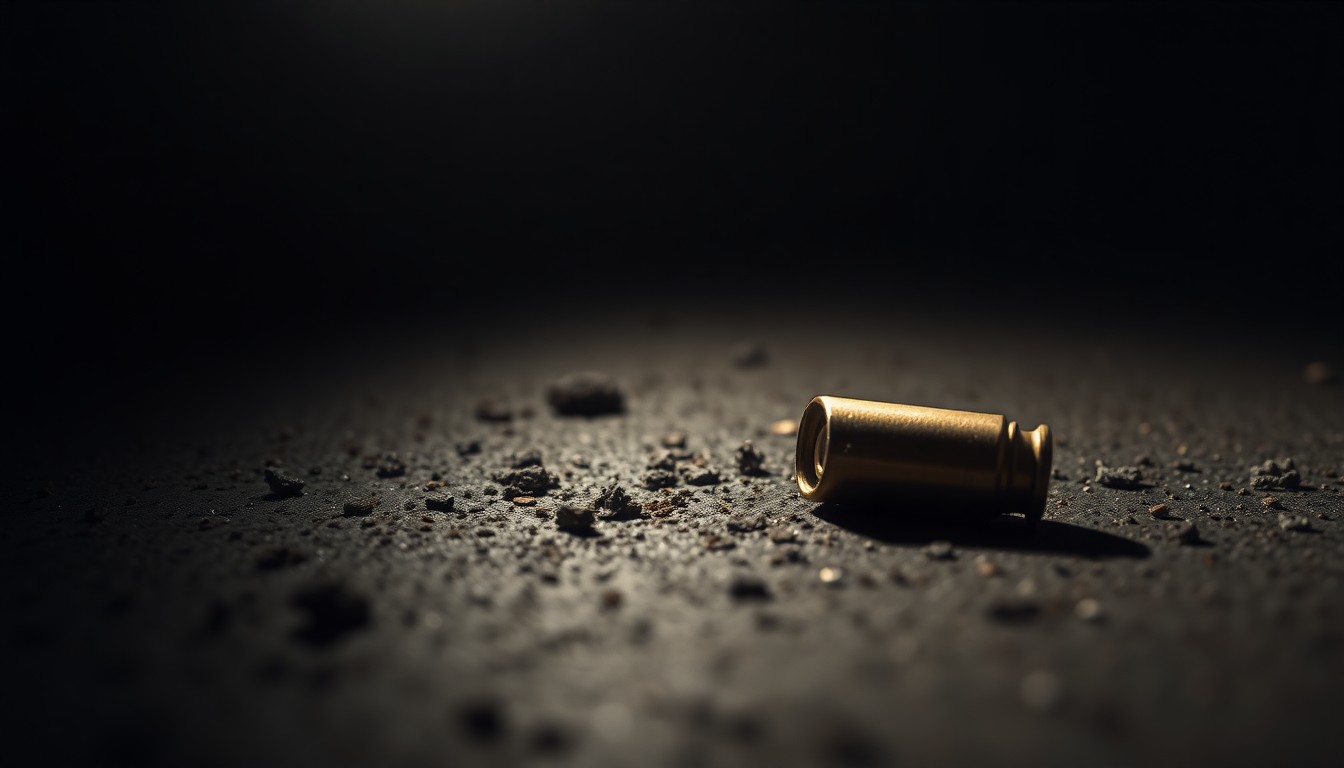An extreme close-up of a single spent bullet casing on a dark, textured surface, lit dramatically by a harsh camera flash to create a stark, gritty, investigative aesthetic without any words or symbols.