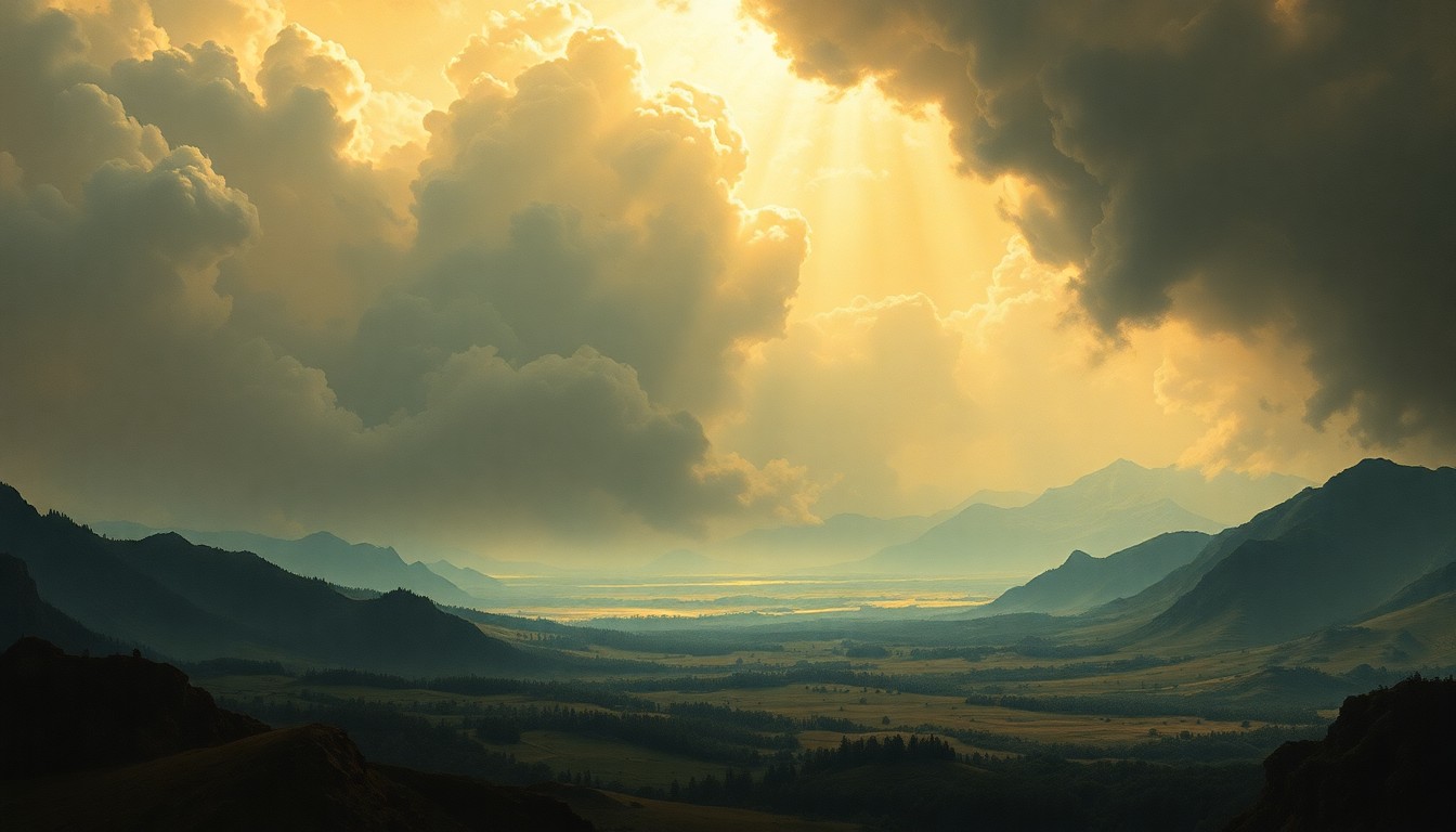 A sweeping, atmospheric landscape painting in muted tones of ochre, sienna, and indigo, capturing the vast, sublime scale of a heat-stricken cityscape under a dramatic, hazy sky.