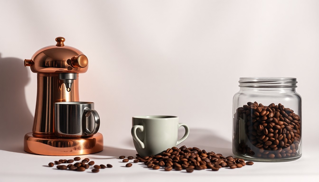 A high-end studio still life photograph featuring a copper espresso machine, ceramic mugs, and freshly roasted coffee beans, conveying the premium quality and craftsmanship of Taildragger Coffee and Tea House.