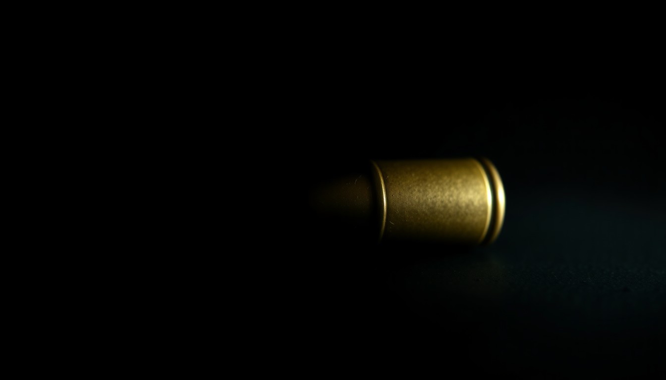 An extreme close-up photograph of a spent bullet casing against a pitch-black background, lit by a harsh, direct camera flash, creating a gritty, investigative aesthetic.