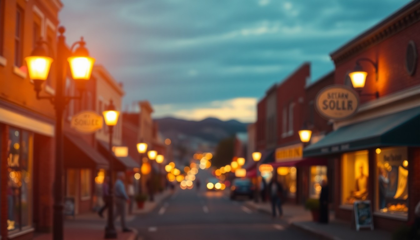 A hazy, impressionistic photograph of a small town main street at dusk, with blurred streetlights and storefronts creating a sense of warmth and community.