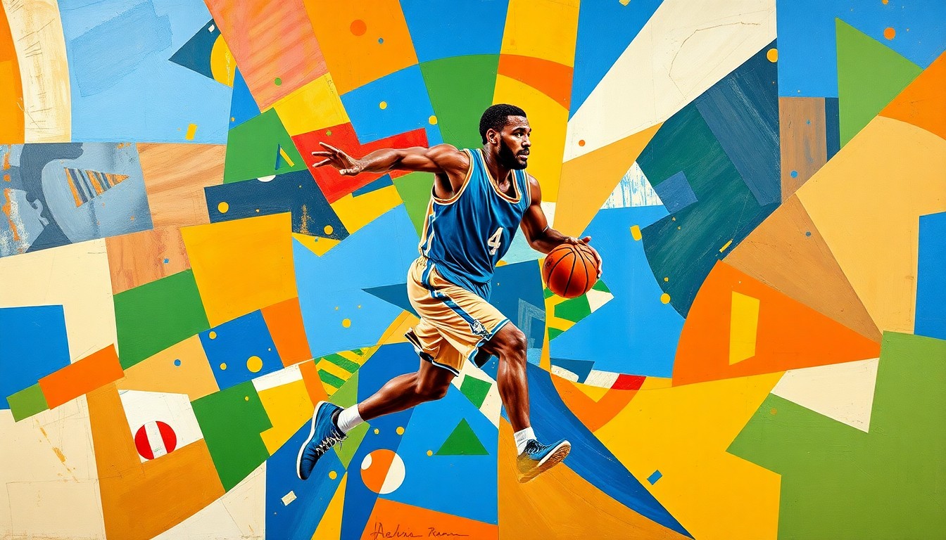A cubist-inspired painting depicting a basketball player in motion, broken down into geometric shapes and planes of vibrant blue, orange, and green colors, conveying the dynamic and multifaceted nature of the player's game.