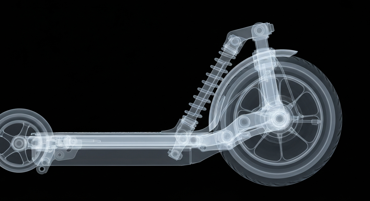 A ghostly, translucent X-ray image revealing the internal skeletal structure of an electric scooter wheel and suspension system, conceptually illustrating the serious injuries that can result from micromobility accidents.