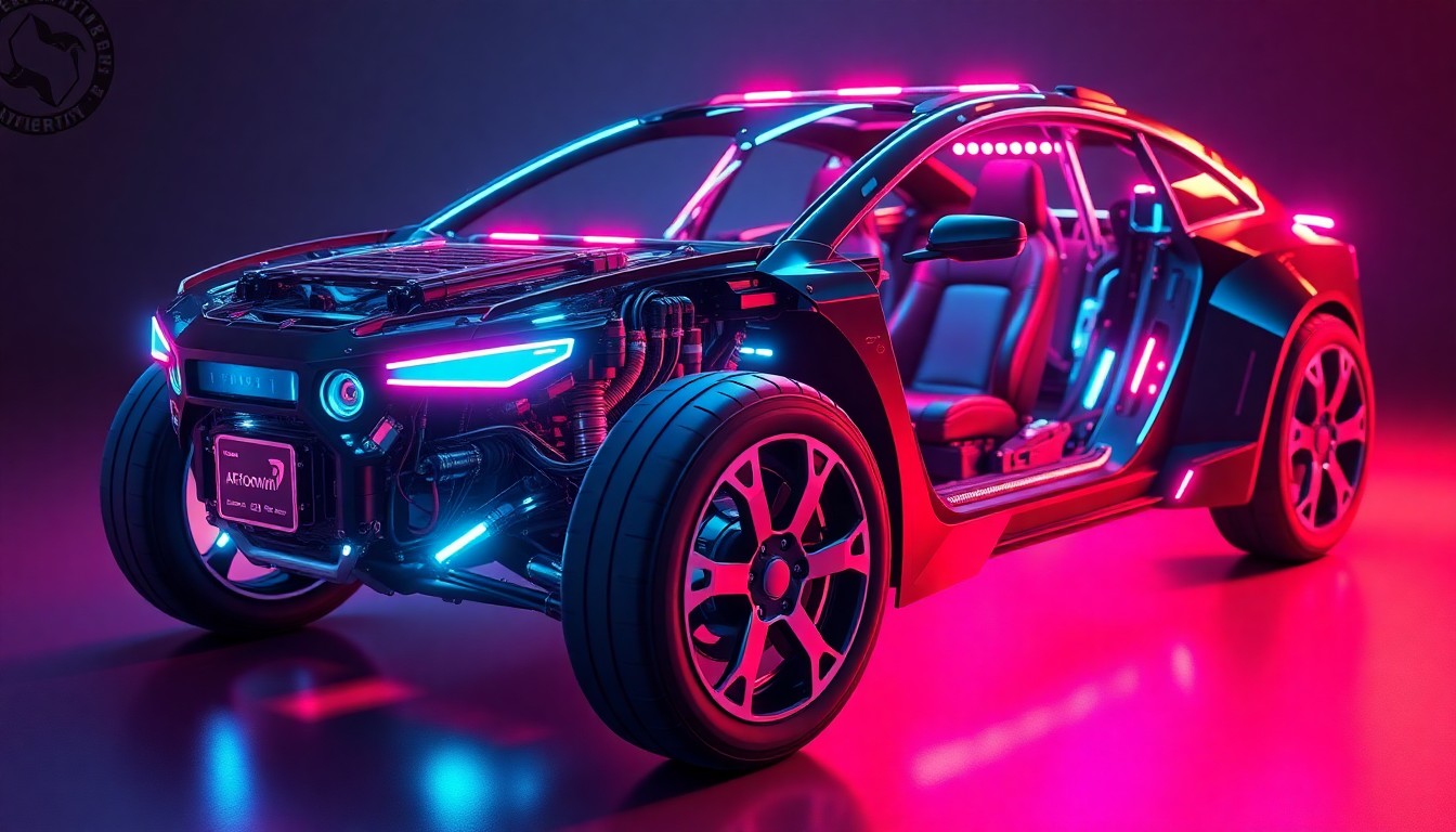 A highly detailed, glowing 3D illustration of a futuristic self-driving car chassis with intricate cybernetic components and neon cyan and magenta lights, conceptually representing the advanced technology and infrastructure behind autonomous vehicle systems.
