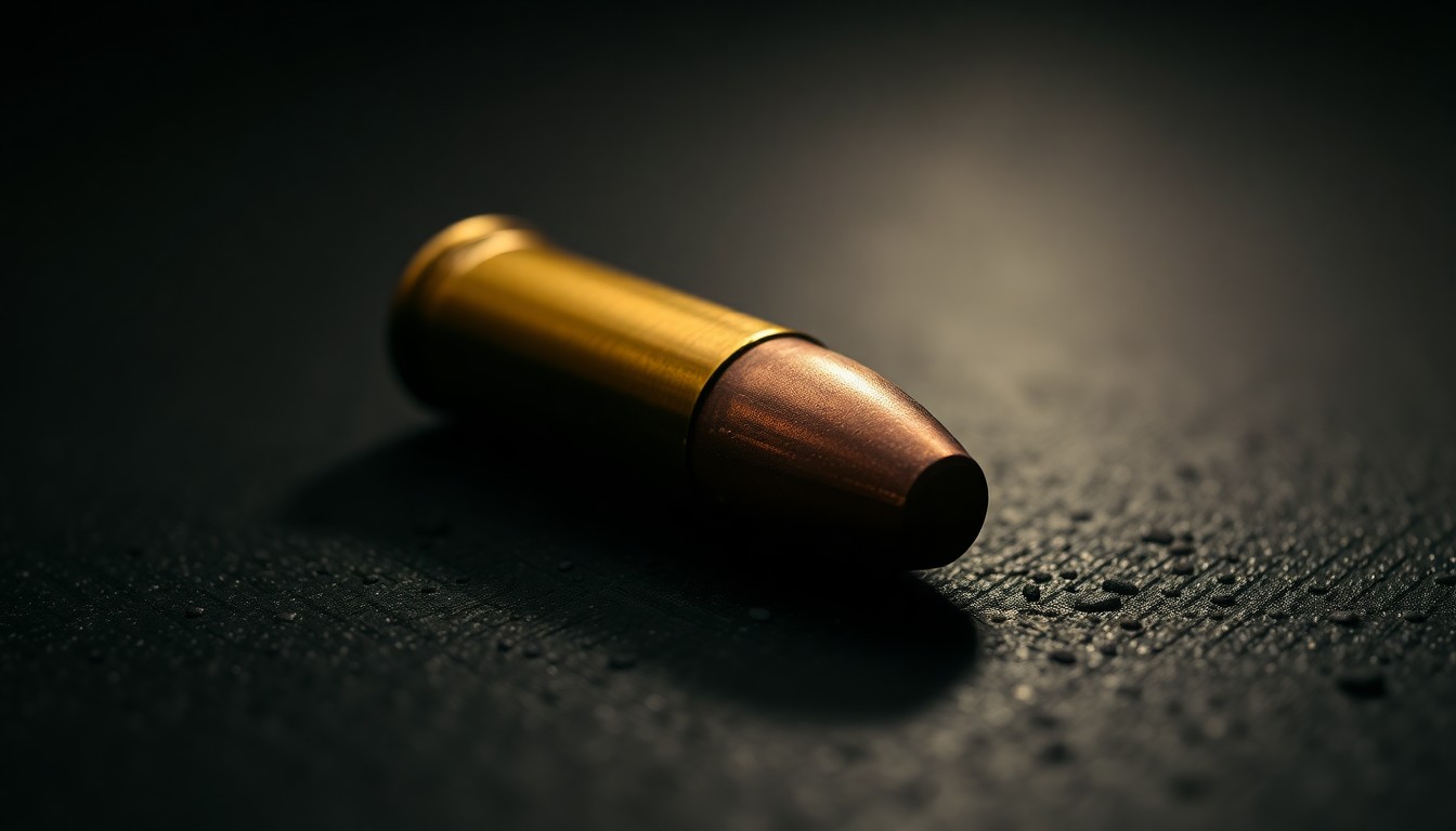 An extreme close-up of a spent bullet casing, its metallic surface reflecting the harsh light of the camera flash, conceptually representing the aftermath of a shooting incident.