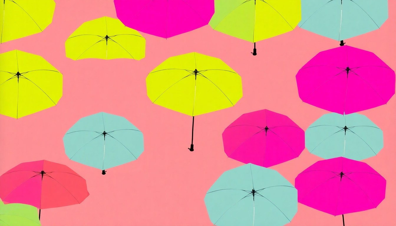A brightly colored, high-contrast silkscreen print of a single, iconic beach umbrella object repeated in a tight grid pattern, utilizing flat, vibrant, and unnatural neon color palettes overlapping with heavy black photographic outlines to turn the everyday beach accessory into modern pop art.