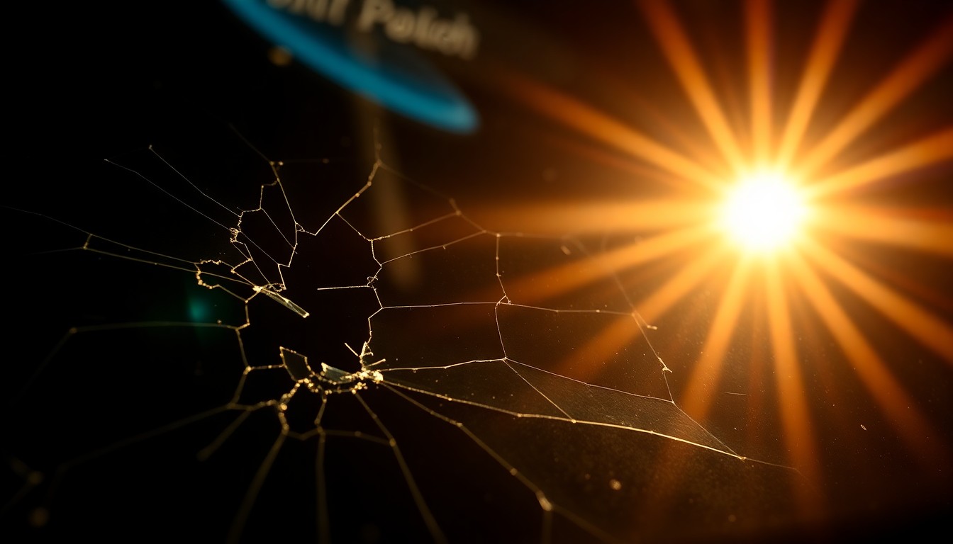 An extreme close-up photograph of a car's cracked windshield reflecting the harsh glare of a camera flash, conceptually representing the gritty reality of traffic enforcement and the consequences of reckless driving.