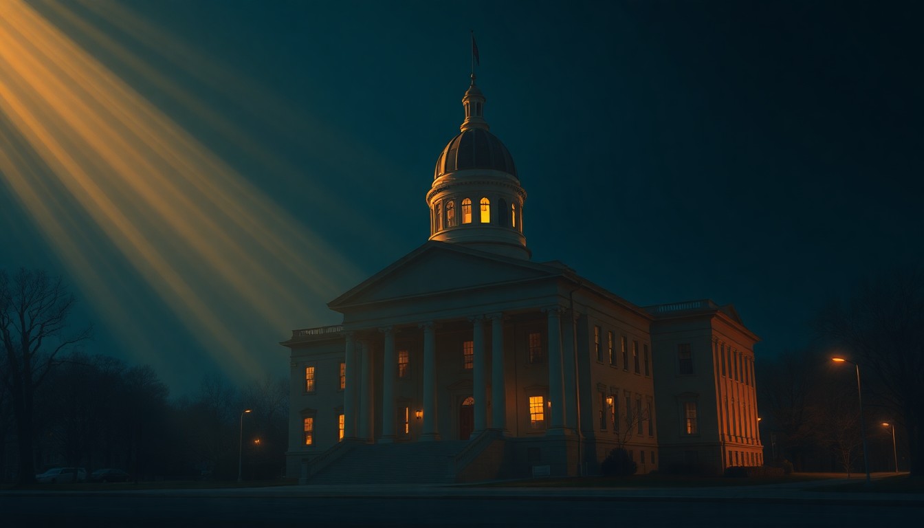 A serene, cinematic painting of a stately government building in warm sunlight, conveying the quiet contemplation of political decisions and their effects on the community.