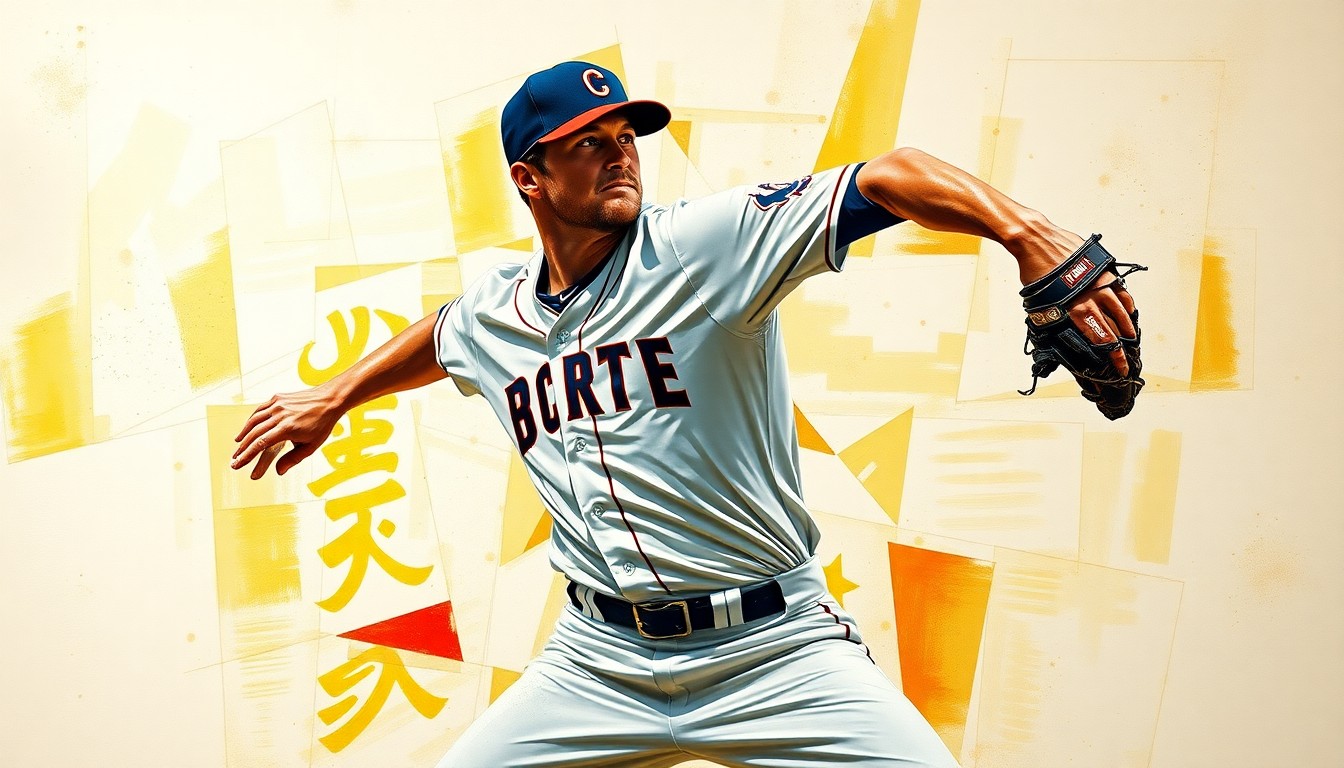 A cubist, geometric painting depicting the dynamic motion of a baseball pitcher's delivery, with the player's face and uniform abstracted into overlapping planes of color and shape.