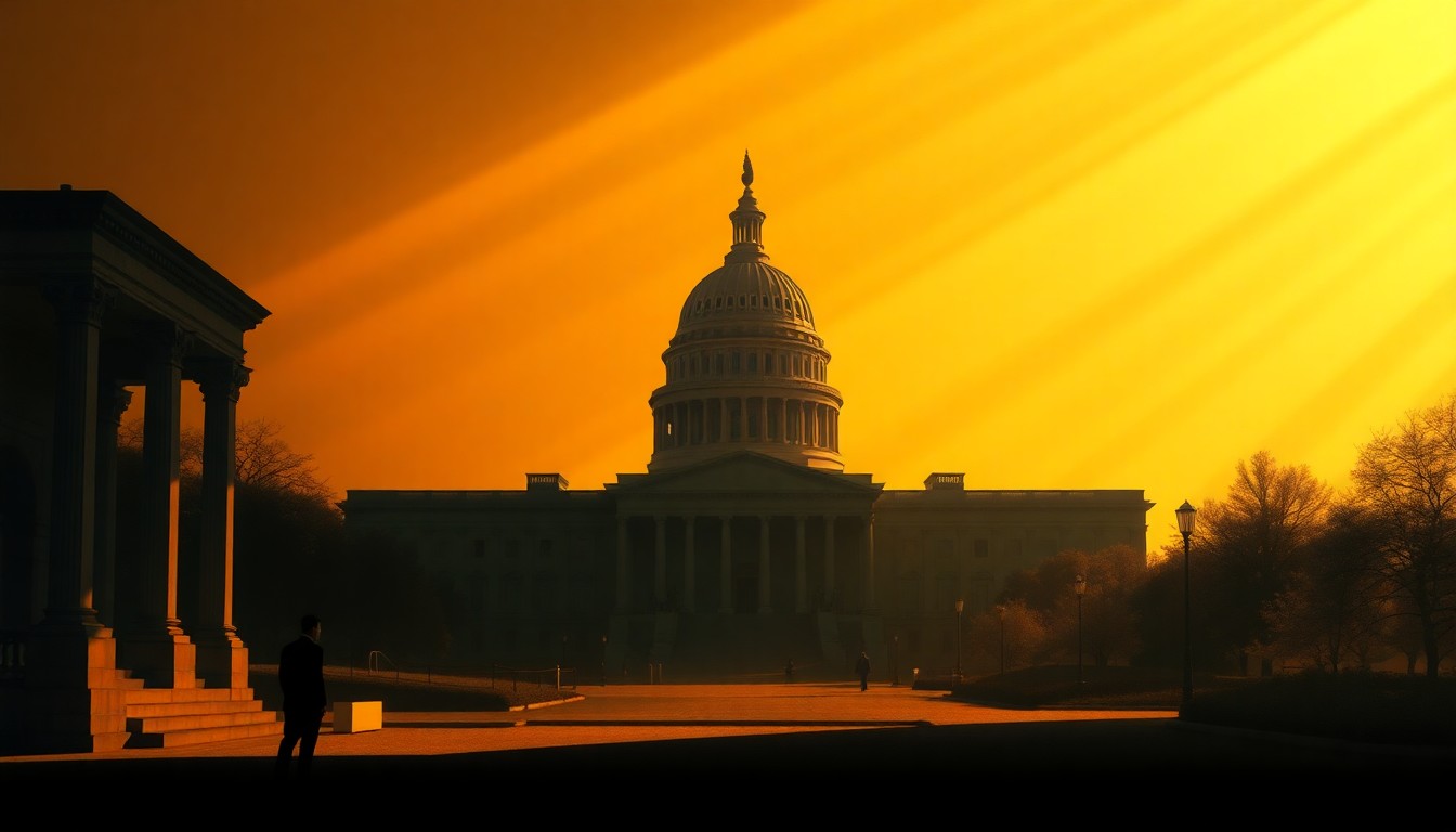 A dimly lit, cinematic painting of a lone government building or political figure set against a backdrop of warm, golden sunlight and deep, dramatic shadows, conveying a sense of isolation and waning influence.