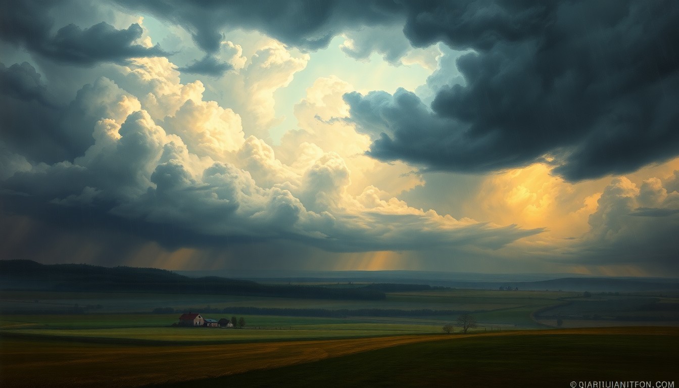 A sweeping, atmospheric landscape painting in muted tones of gray, blue, and gold, depicting a massive thunderstorm system dominating the horizon and dwarfing any visible structures or vegetation in the scene.