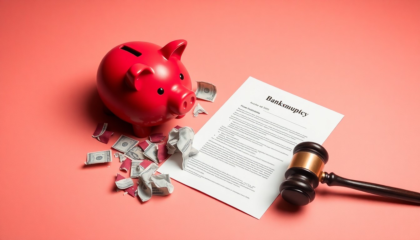 A photorealistic studio still-life featuring a shattered piggy bank, a crumpled legal document, and a gavel, conceptually representing the legal challenges surrounding a bankruptcy case.