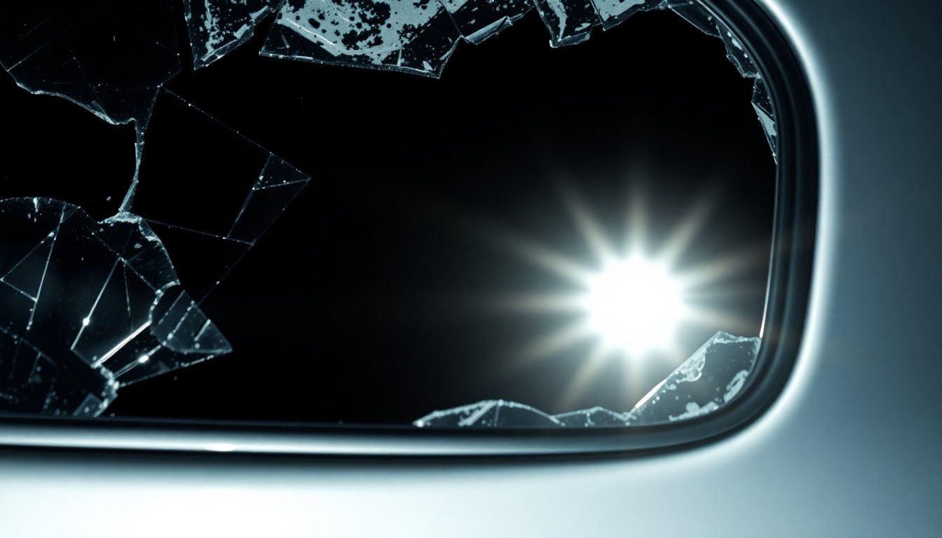 An extreme close-up photograph of a shattered car window reflecting the harsh glare of a camera flash, conceptually representing the aftermath of a fatal highway crash.