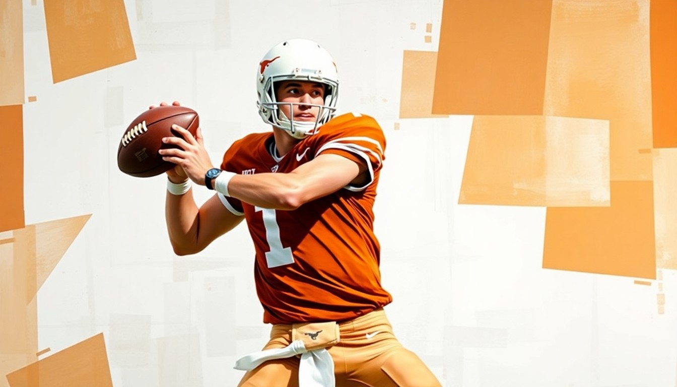 A fractured, geometric painting depicting the overlapping planes and angles of a college football quarterback's throwing motion, rendered in the bold colors of the Texas Longhorns uniform.