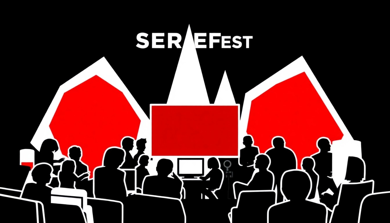 A striking abstract illustration featuring bold, jagged geometric shapes in red and white, conceptually representing the diverse range of television programming and talent featured at the SeriesFest festival.